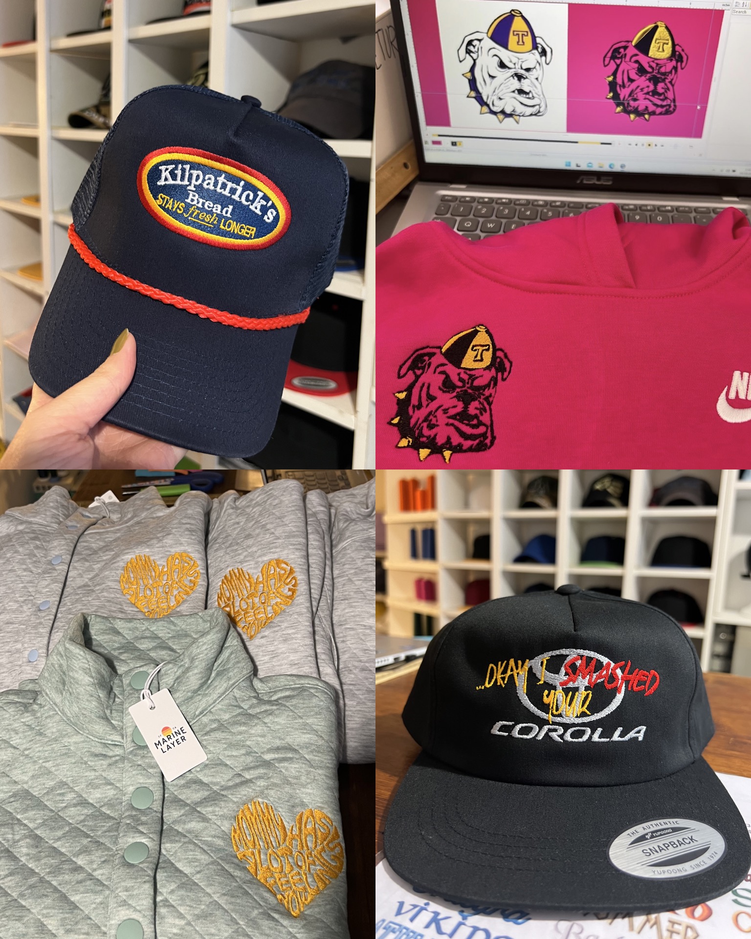 Embroidery examples on hats, hoodies, outerwear, and caps